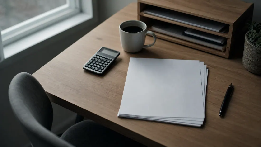 Escritorio de madera con cuaderno, taza de café, calculadora y bolígrafo