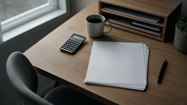 Escritorio de madera con cuaderno, taza de café, calculadora y bolígrafo