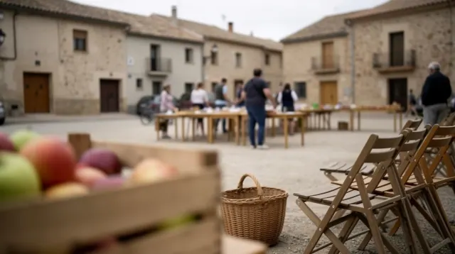 Un grupo de personas alrededor de mesas de madera en el patio de una construcción
