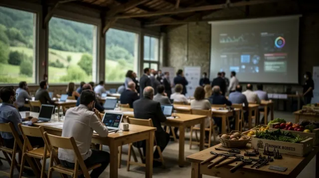 Grupo de personas en una sala de conferencias con proyección en pantalla y vistas