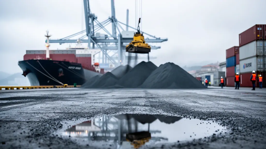 Un barco de carga junto a grúas portuarias y pilas de mineral en la terminal