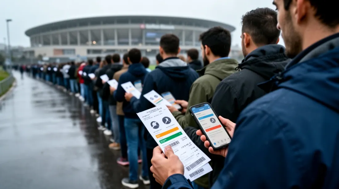 Fila de personas con entradas y acreditaciones frente a un estadio