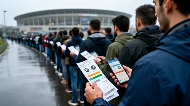 Fila de personas con entradas y acreditaciones frente a un estadio