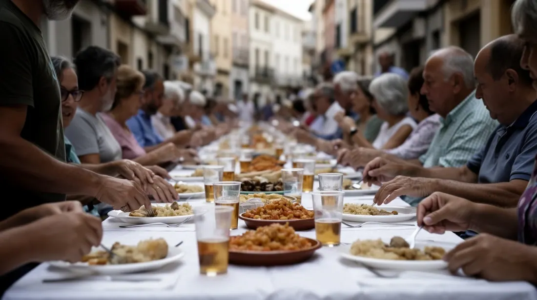 Un grupo de personas comparte una comida en una mesa larga en el centro de una calle