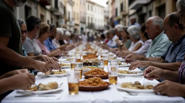 Un grupo de personas comparte una comida en una mesa larga en el centro de una calle