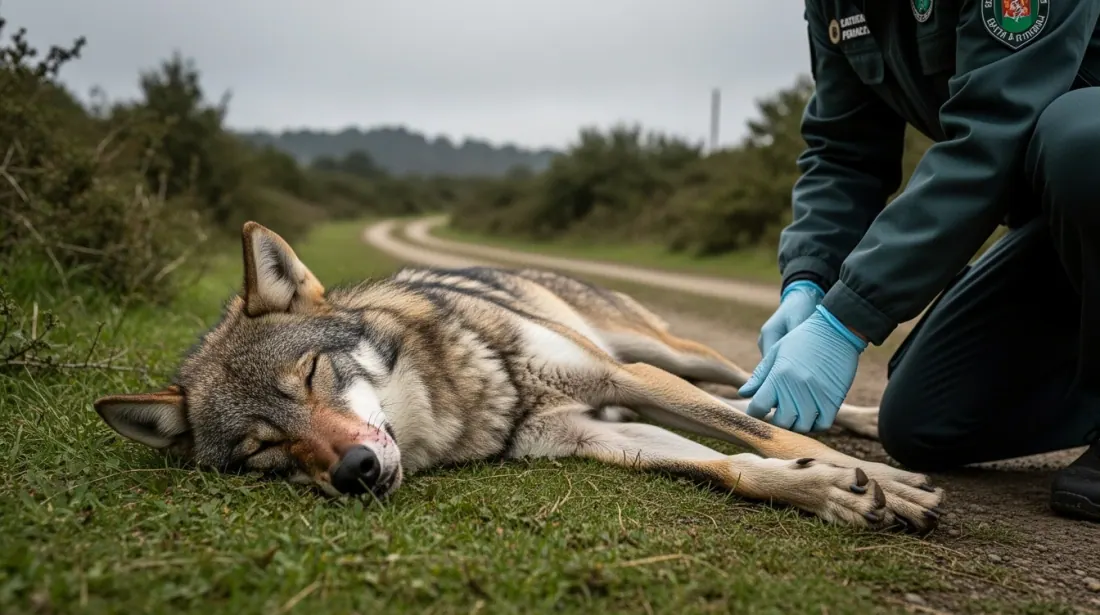 Un agente examina a un lobo tendido en la hierba junto a una carretera rural