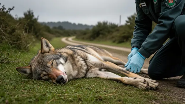 Un agente examina a un lobo tendido en la hierba junto a una carretera rural