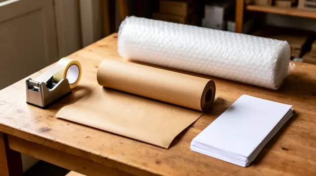 Materiales de embalaje sobre una mesa de madera