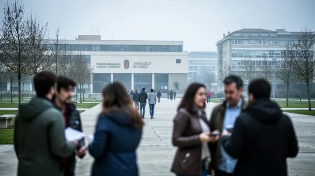 Varias personas en una plaza frente a un edificio institucional de arquitectura