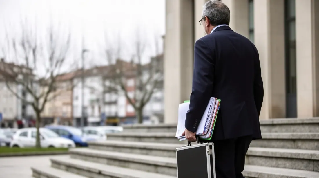 Persona con maletín y documentos en las escaleras de un edificio administrativo
