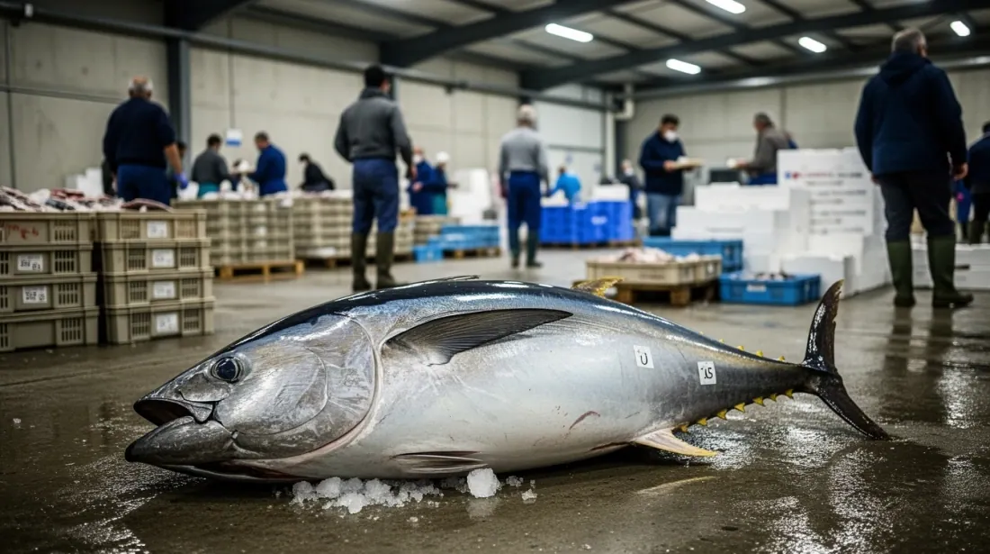 Atún fresco sobre hielo en una lonja de pescado con trabajadores al fondo