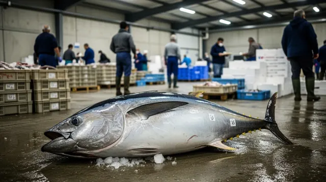 Atún fresco sobre hielo en una lonja de pescado con trabajadores al fondo