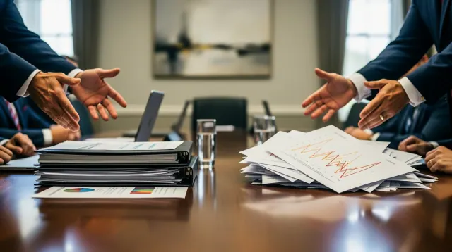 Dos personas en traje gestuculan sobre documentos en una mesa de reuniones