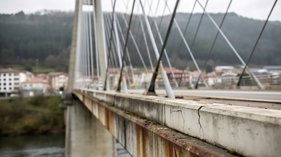 Detalle de la barandilla de un puente moderno de cables sobre un río