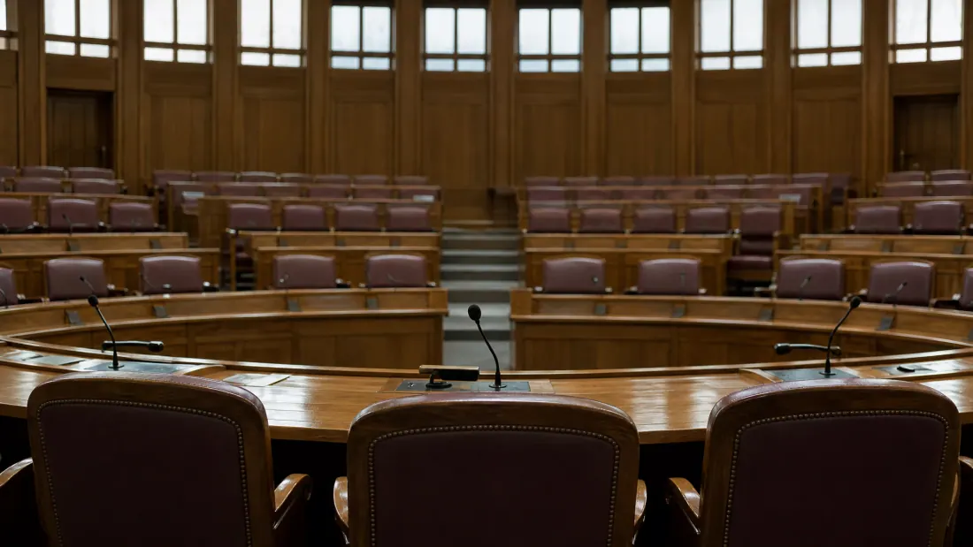 Hemiciclo de un tribunal vacío con escaños de madera y butacas acolchadas