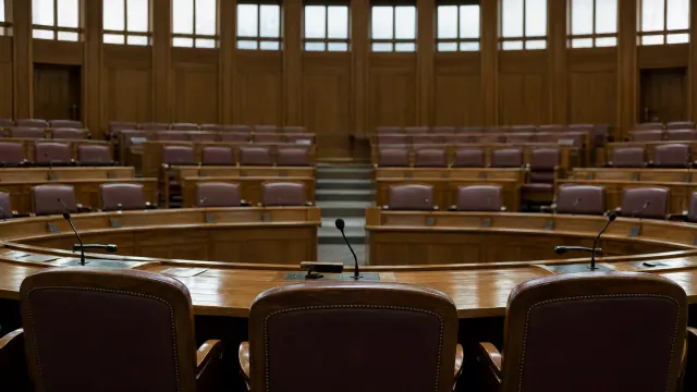 Hemiciclo de un tribunal vacío con escaños de madera y butacas acolchadas