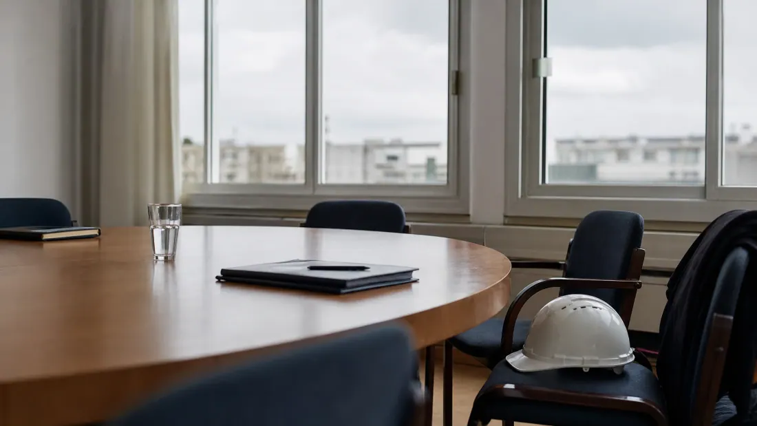 Sala de reuniones vacía con mesa ovalada de madera y sillas negras frente