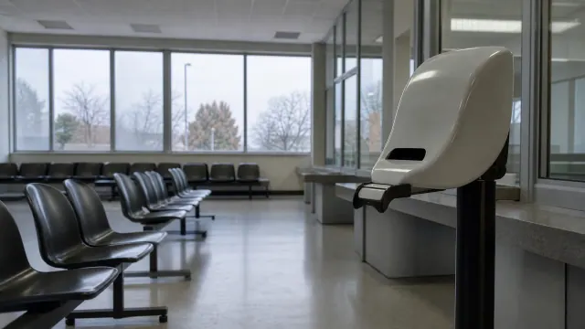 Sala de espera con sillas de metal y un dispositivo de desinfección en una clínica