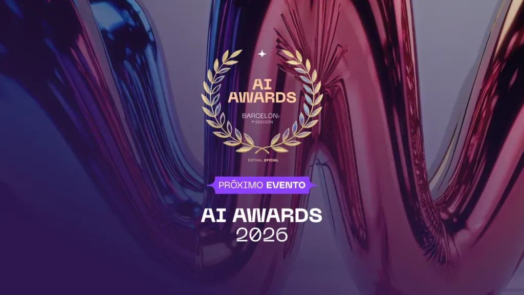 Cartel promocional de los AI Awards 2026 en Barcelona con formas onduladas metálicas
