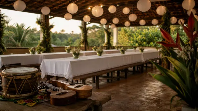 Terraza cubierta con mesas largas decoradas para un evento al aire libre
