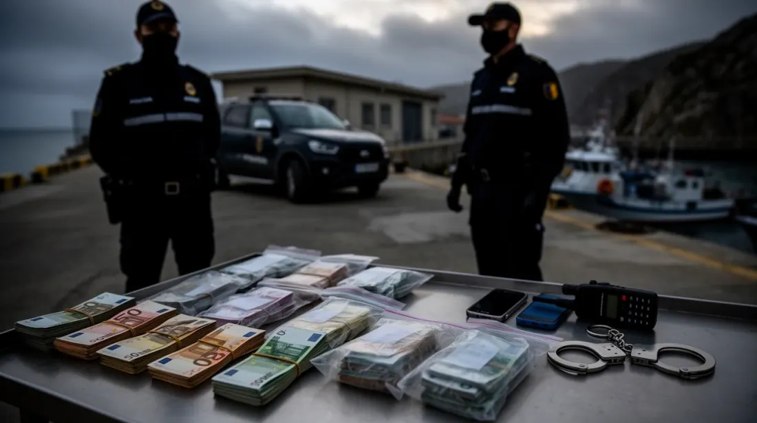 Agentes de seguridad junto a decomiso de dinero en efectivo y objetos incautados
