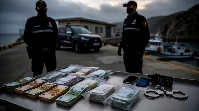 Agentes de seguridad junto a decomiso de dinero en efectivo y objetos incautados