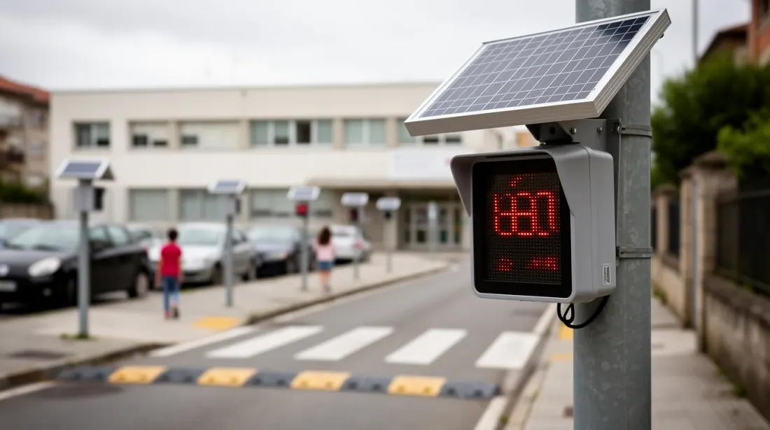 Semáforo solar en rojo para peatones en una vía urbana