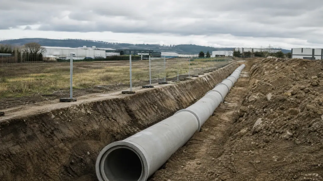 Tubería de hormigón en zanja de obra con vistas a campo y construcciones