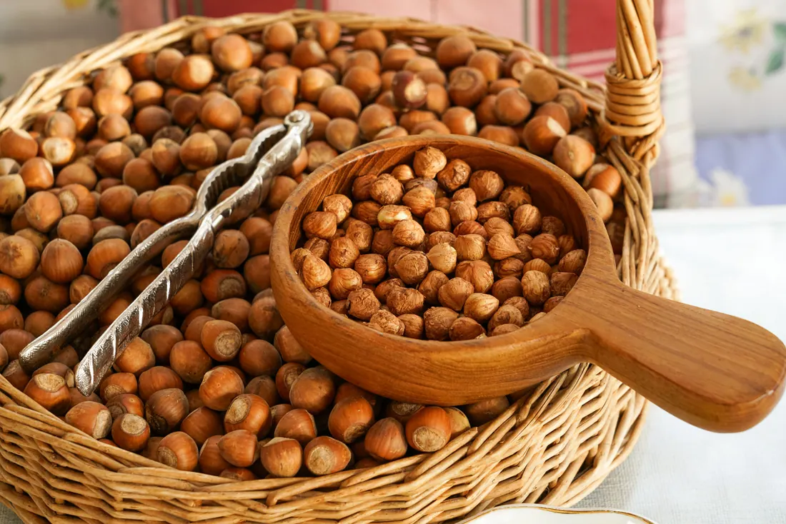 Cesta de avellanas con un cascanueces y un cucharón de madera