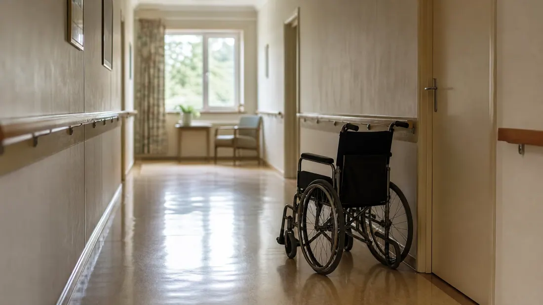 Una silla de ruedas en un pasillo de centro sanitario junto a una ventana