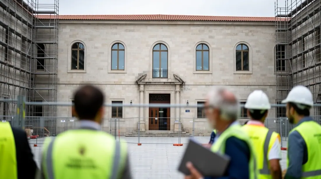 Varios trabajadores con arneses de seguridad observan un edificio histórico