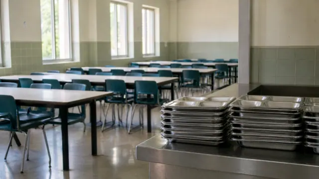 Comedor escolar con mesas, sillas verdes y bandejas metálicas apiladas