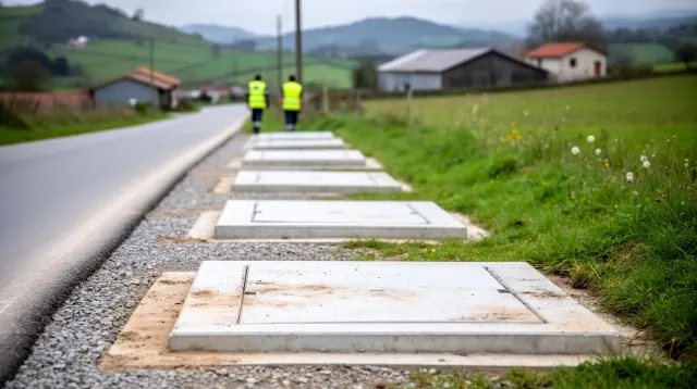 Trabajadores en chaleco reflectante junto a lápidas en construcción junto