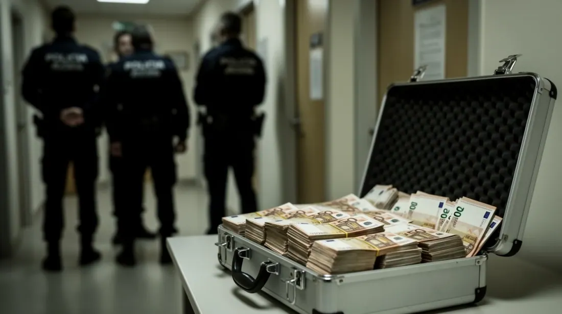Maletín abierto con billetes de euro sobre una mesa mientras agentes de policía