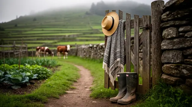 Sombrero de paja y botas junto a una cerca de madera en una granja rural