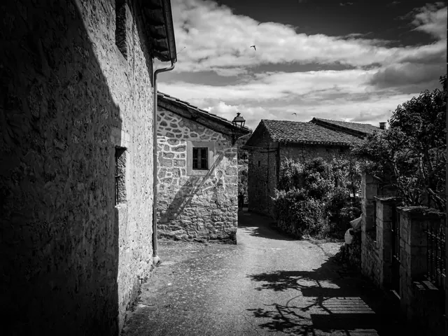 Callejón empedrado entre casas de piedra en un pueblo