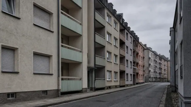 Fila de edificios de viviendas de varios pisos con balcones y ventanas en una calle