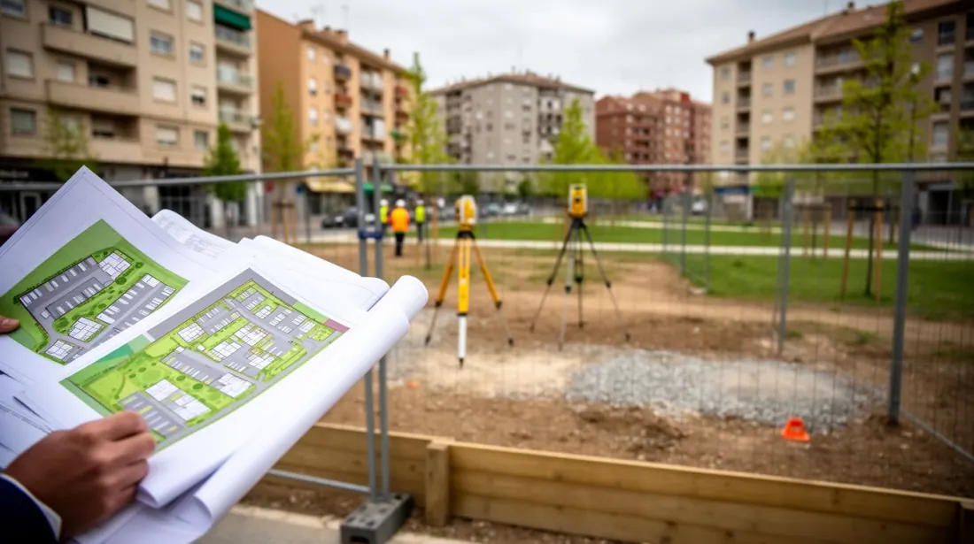 Una mano sostiene planos de construcción frente a un solar vallado en un barrio