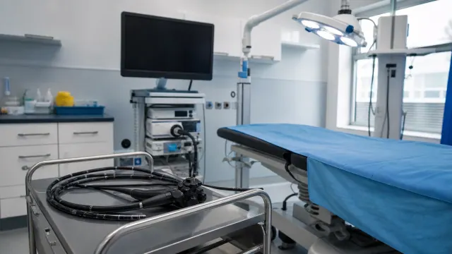 Sala de exploración médica con equipamiento endoscópico y camilla
