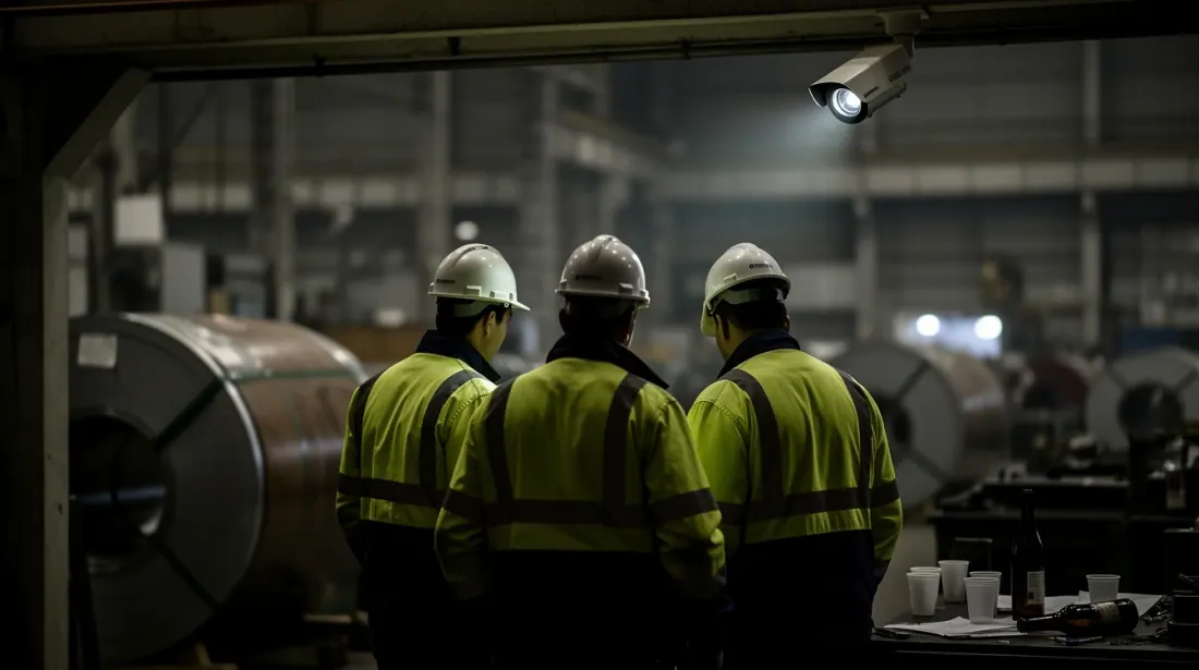 Tres trabajadores con casco y chaleco reflectante en una instalación industrial
