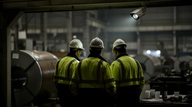 Tres trabajadores con casco y chaleco reflectante en una instalación industrial