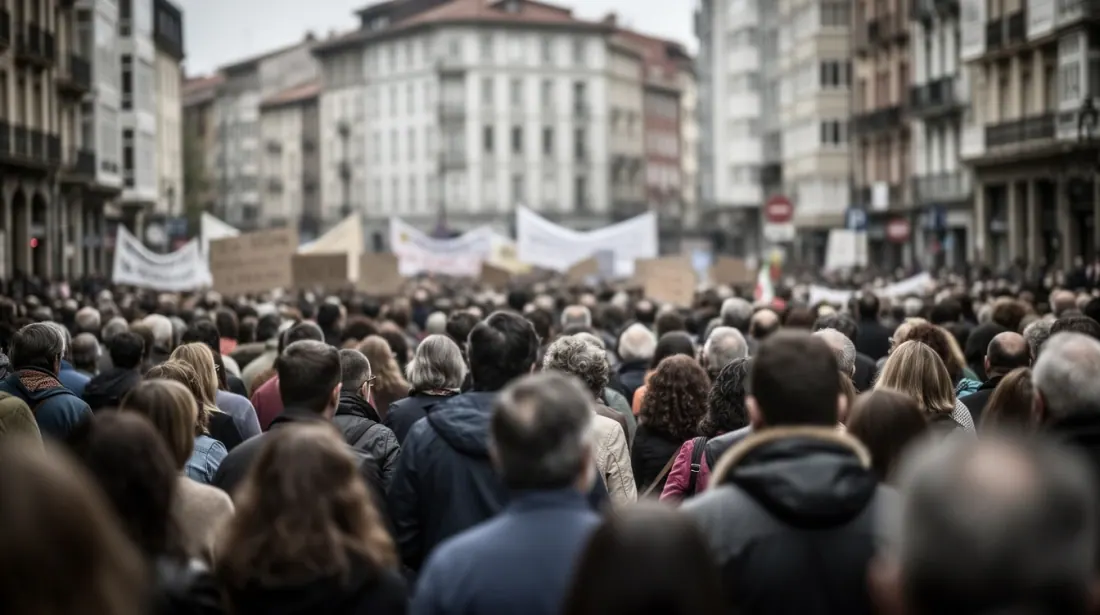 Multitud de personas en una plaza urbana con pancartas blancas durante