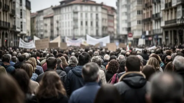 Multitud de personas en una plaza urbana con pancartas blancas durante