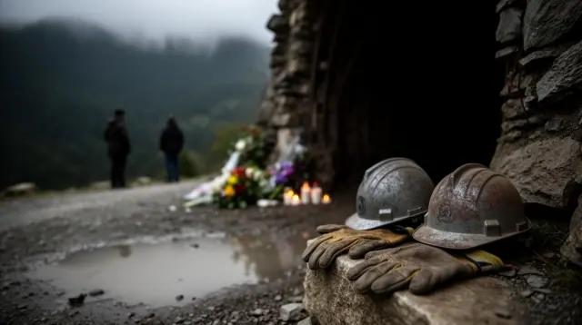 Cascos y guantes de minero en una entrada de mina con flores y velas de homenaje