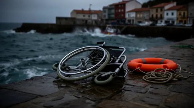 Silla de ruedas y boya salvavidas en un muelle junto al mar