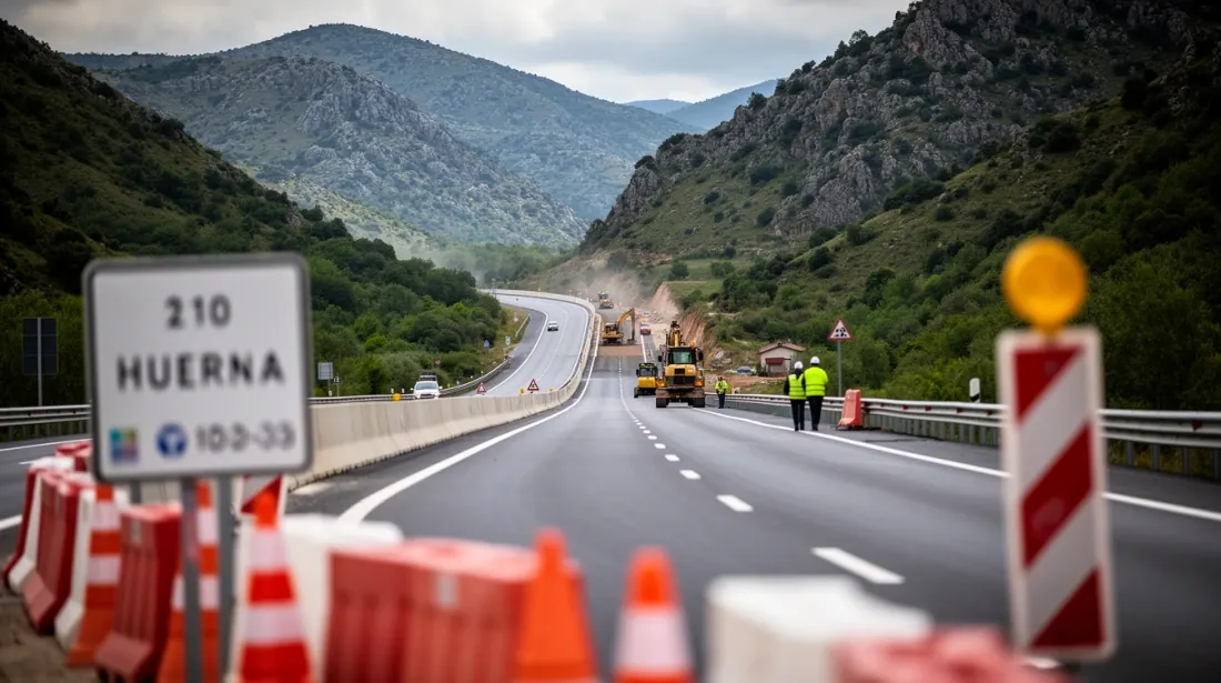 Obras de mantenimiento en una autopista de montaña con señalización y vehículos
