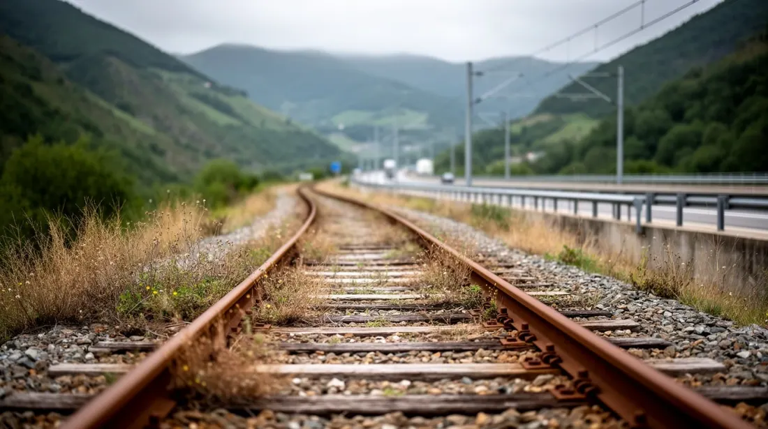 Vías de ferrocarril abandonadas atravesando un valle montañoso con vegetación