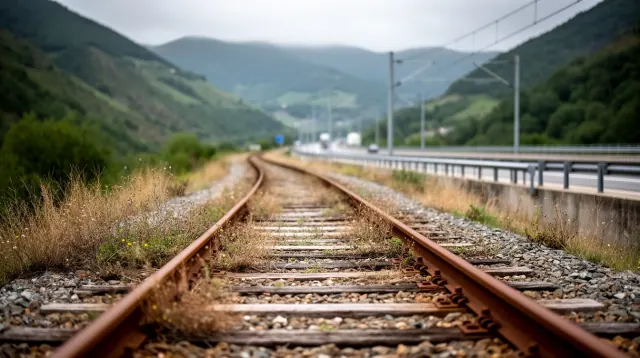Vías de ferrocarril abandonadas atravesando un valle montañoso con vegetación