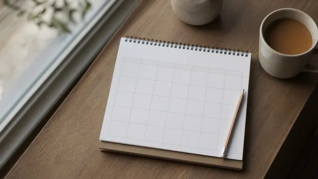 Calendario de escritorio en blanco sobre mesa de madera junto a taza de café