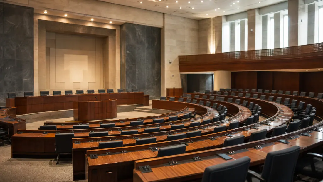 Hemiciclo de un parlamento con escaños de madera dispuestos en semicírculo y estrado